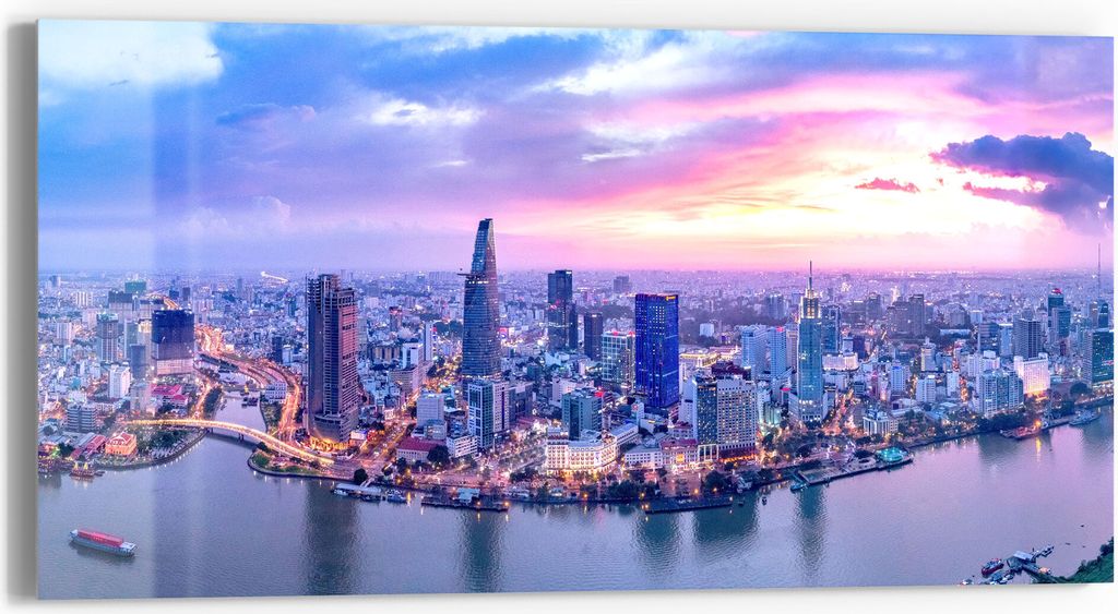 DEQORI Glasbild Echtglas 60x30 cm 'Panorama von Ho Chi Minh' Wandbild Bild modern Deko