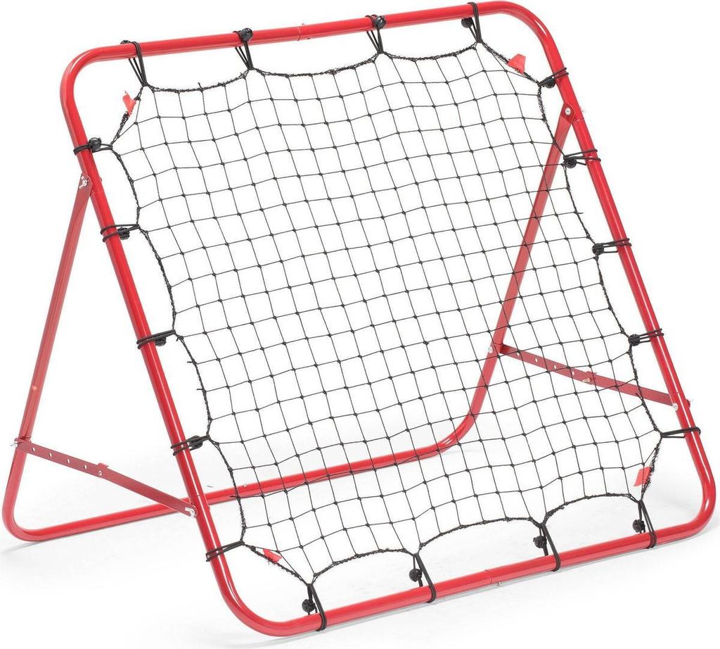 A red rebounder training device with a black net is shown against a white background.