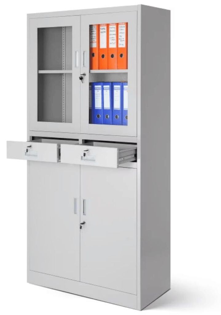 Vitrinenschrank abschließbar EDMUND Glastüren 4 Ebenen | Büroschrank aus Stahl Aktenschrank mit Glasfenster Metallschrank Mehrzweckschrank 185x9...