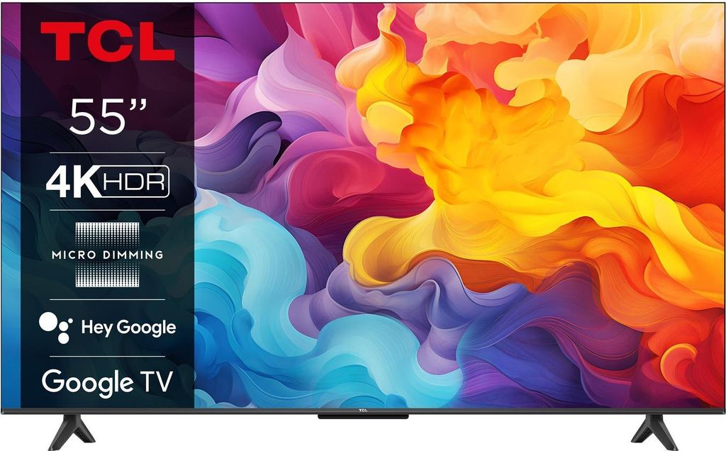 A TCL 55-inch 4K HDR Google TV is displayed with various feature callouts.