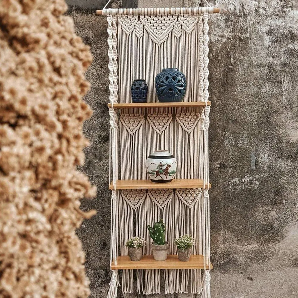 Étagère macramé 3 niveaux 50 cm - Décoration murale bohème fait main