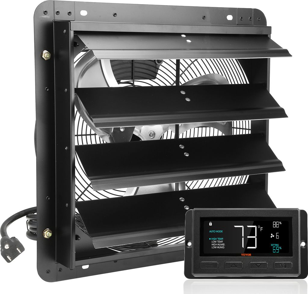 A black exhaust fan with louvers and a digital control panel is shown against a white background.