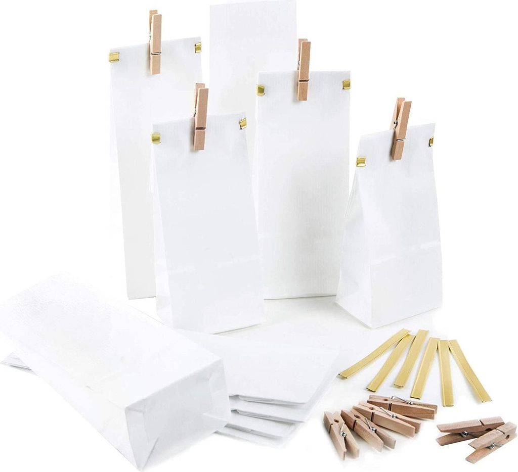 Logbuch-Verlag 25 Papiertüten mit Boden weiß mit Fenster + Clips + Klammern Blockbodenbeutel 7 x 4 x 20,5 cm Geschenktüte Verpackung Süßigkeit...