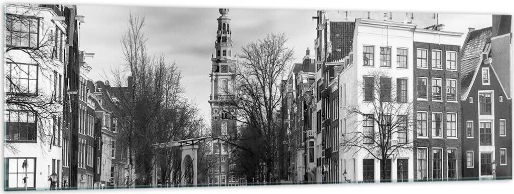 Bilder auf glas - Einteilig - Schwarzweiß Amsterdam Boote - 160x50cm - Glasbilder - Wandbilder - Bilder - Wanddekoration aus Glas - Glas Bilder - ...