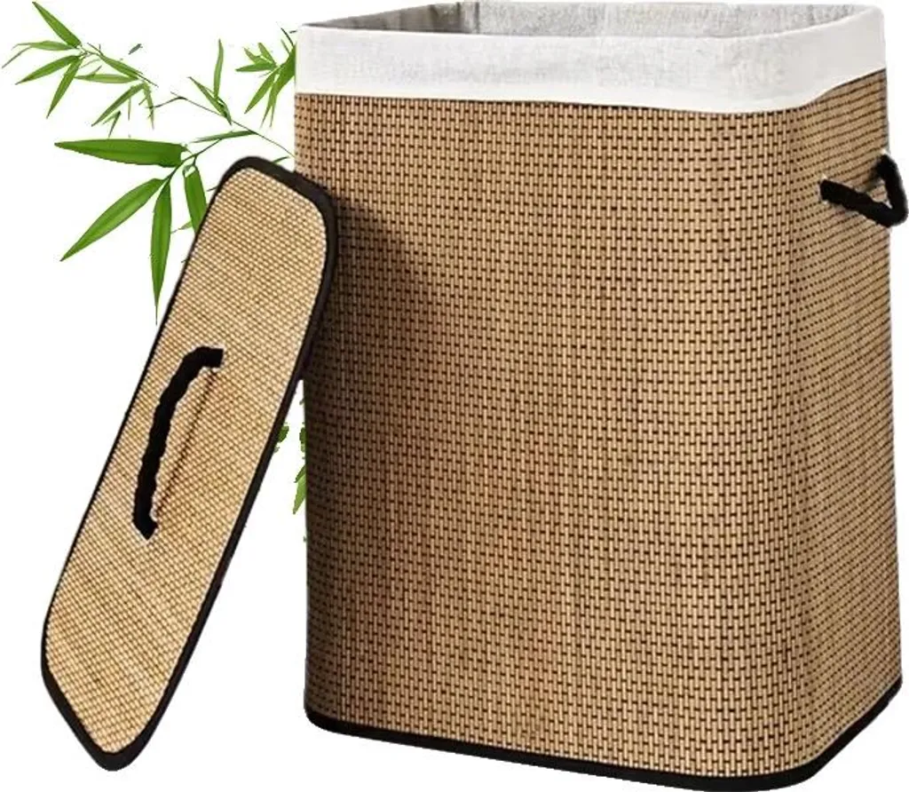 Panier à linge 72L gain de place en bambou naturel et tissu intérieur