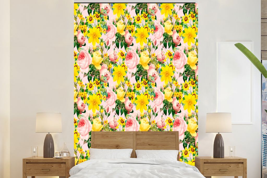 MuchoWow Fototapete für Wohnzimmer oder Schlafzimmer Wandtapete Vinyl Motivtapete Blumen - Rosen - Farben - 225x350 cm - Schlafzimmer tapete