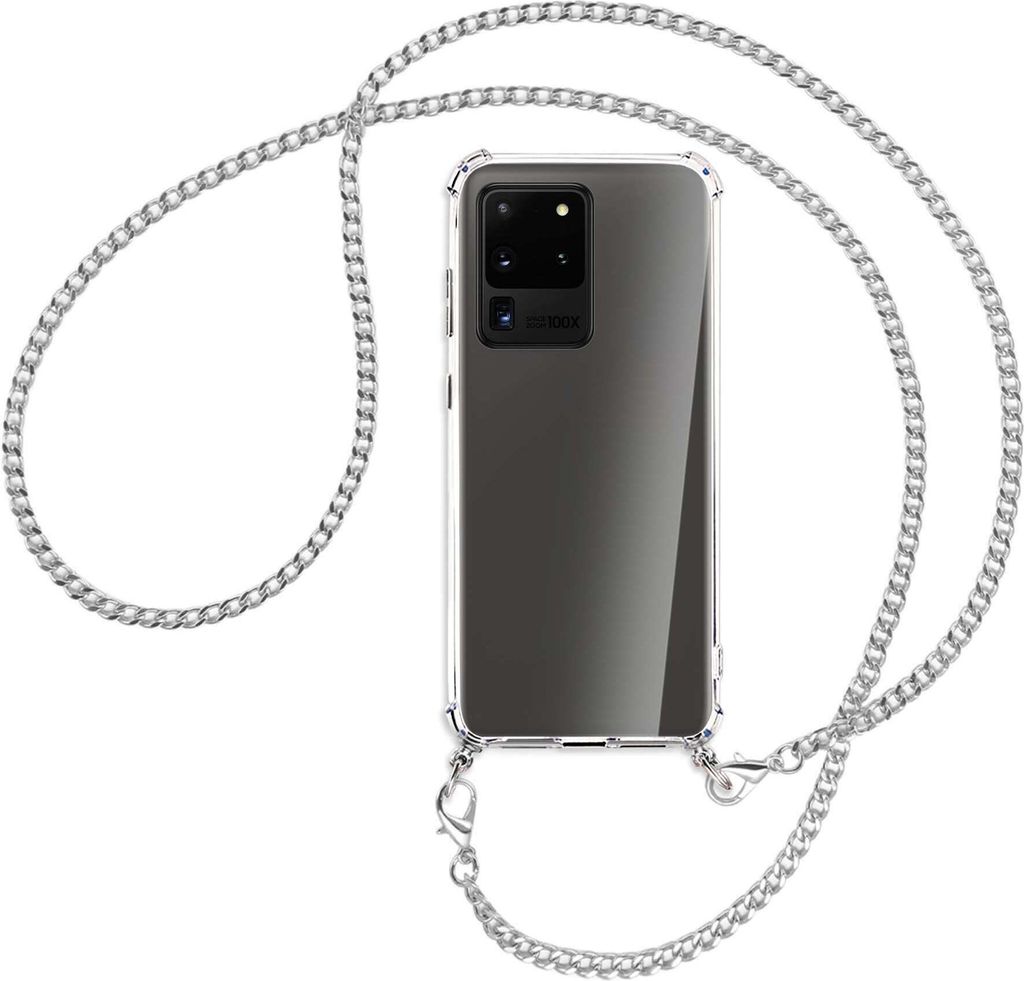 Handykette Backcover-Schutzhülle mit Band (Metall silberfarben) für Samsung Galaxy S20 Ultra - silberfarbene Kette