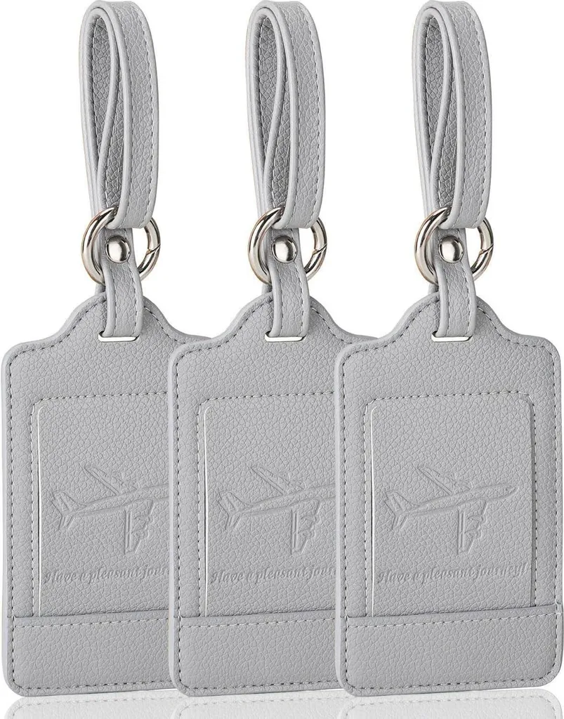 Étiquette bagage cuir PU gris avec fenêtre d'identification confidentielle