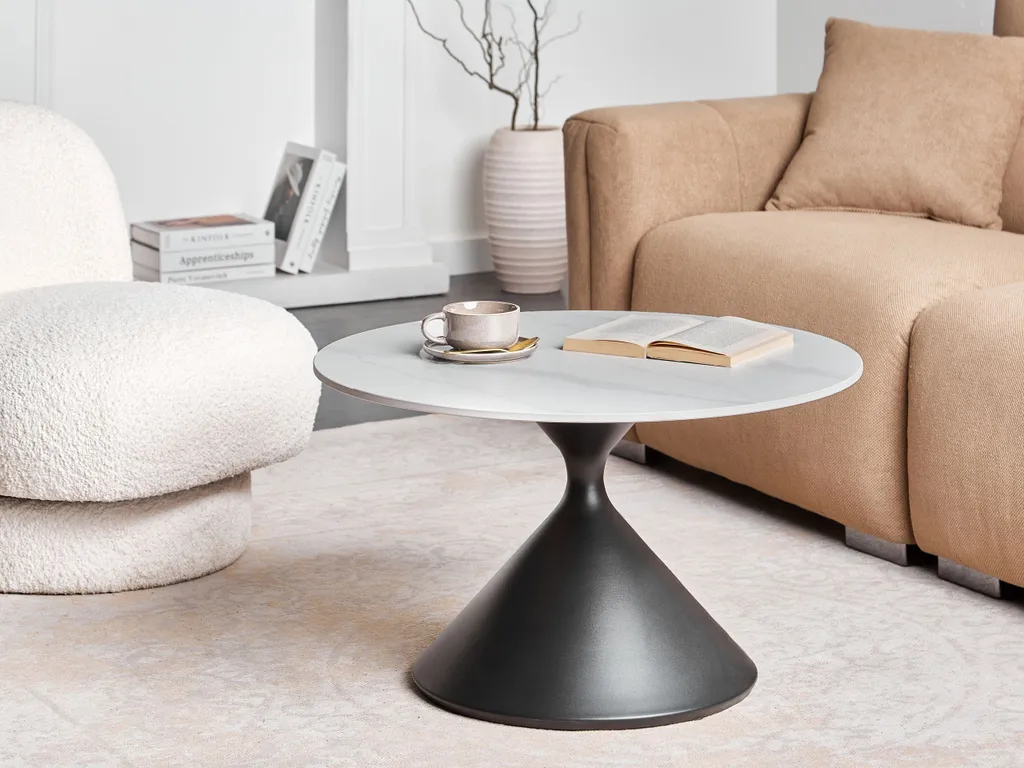 Table basse robuste en pierre vitrifiée blanche anti-tache métal noir