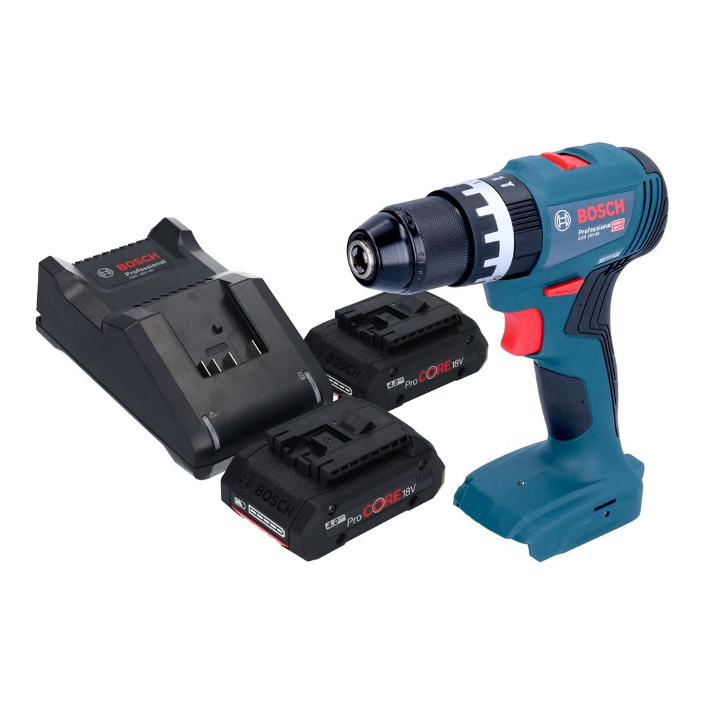 Bosch GSB 18V-45 Professional Akku Schlagbohrschrauber 18 V 45 Nm Brushless + 2x ProCORE Akku 4,0 Ah + Ladegerät