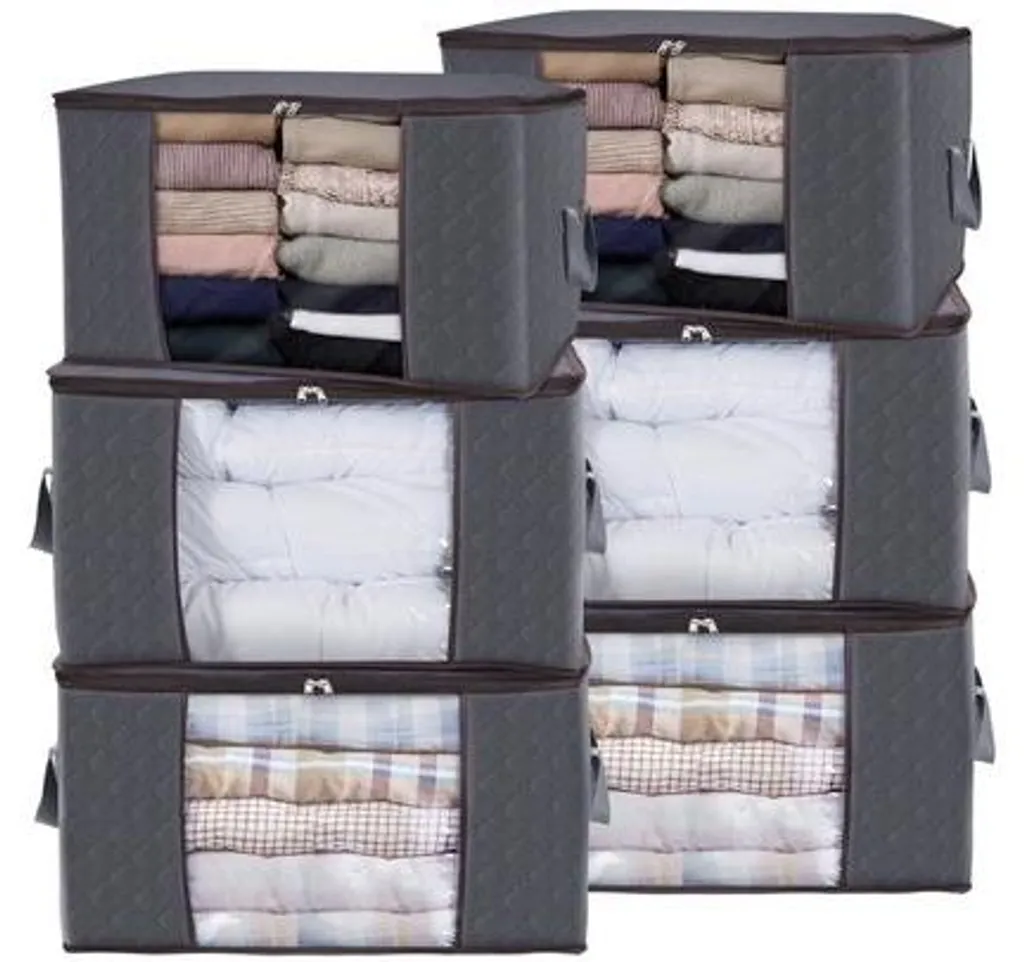 6 Grands Tiroirs Gris 90L pour Vêtements - Tissu Pliable avec Poignées