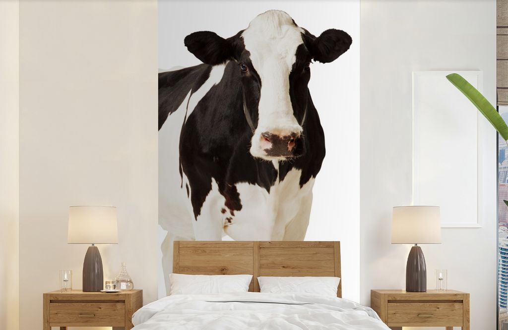MuchoWow Fototapete für Wohnzimmer oder Schlafzimmer Wandtapete Vinyl Motivtapete Kuh - Weiß - Schwarz - Tiere - 120x240 cm - Hintergrundbild