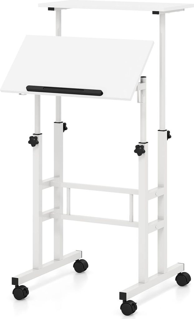 Mobiler Schreibtisch mit 4 Rollen, Höhenverstellbarer Stehtisch mit Neigbarem Desktop, Hängenden Haken, Anti-Fall-Stopper & Metallrahmen, Weiß
