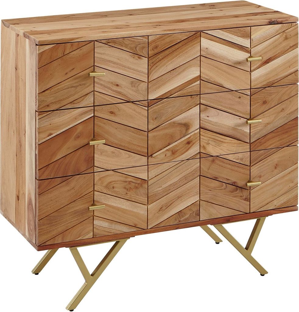 Sideboard 90x86,5x40 cm Akazie Massivholz / Metall Anrichte | Kommode 3 Schubladen | Hoher Kommodenschrank Holz Massiv | Standschrank Wohnzimmer