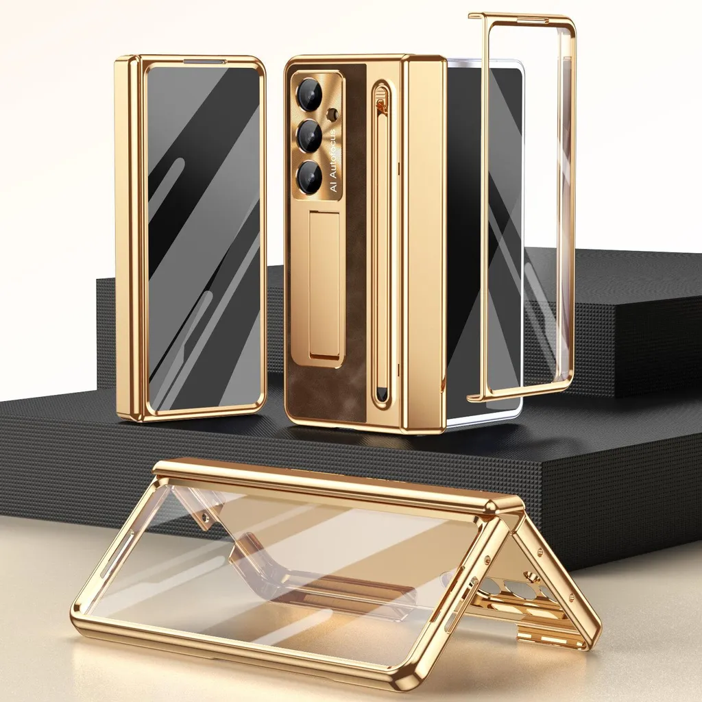 Custodia per Samsung Galaxy Z Fold 7 con supporto per penna e stilo, cover galvanizzata con supporto, protezione integrata per schermo e fotocamera Marrone