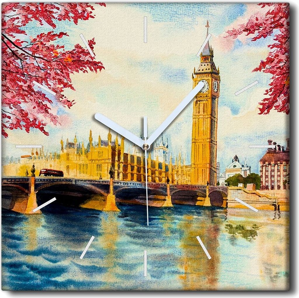 Coloray Uhr auf Leinwand 30x30 cm Wand Uhr Dekoration Wohnzimmer Segeltuch weiße Zeiger -London City Big Ben