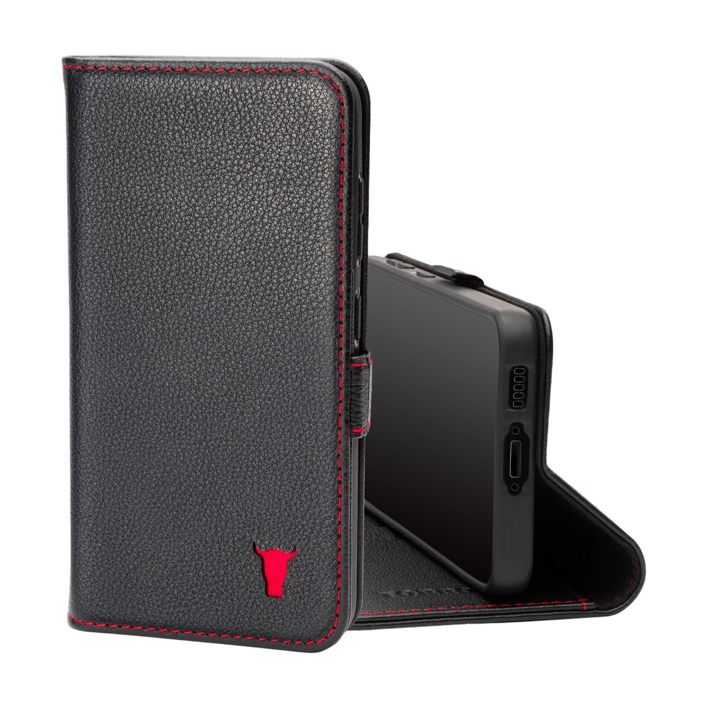 A black leather phone case with red stitching and a red bull logo, shown open with a phone inside.