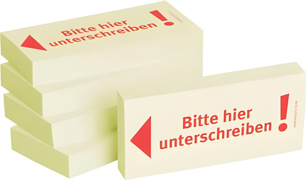 Haftnotizen 75x35mm gelb 'Bitte hier unterschreiben Pfeil nach links' VE=5 Blöcke.