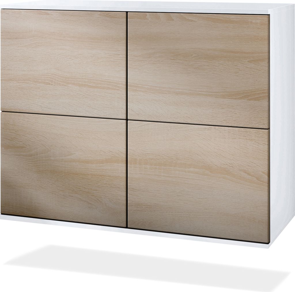 Vladon Kommode Rova V3, Moderner Küchenschrank mit 4 Push-to-Open Türen Weiß matt / Eiche sägerau (92,5 x 73.5 x 35)