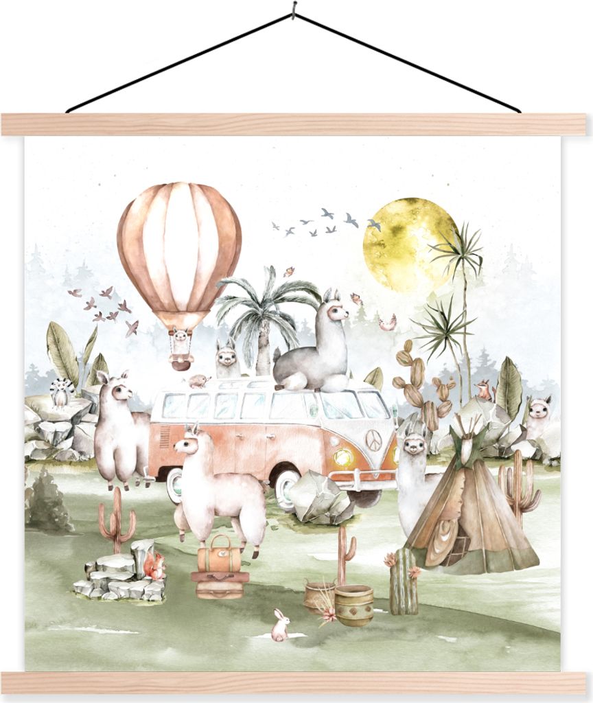MuchoWow Textilposter Alpaka - Tiere - Kinder - Heißluftballon - Kinder 120x120 cm mit holzfarbenen Rahmen - Textil-Poster