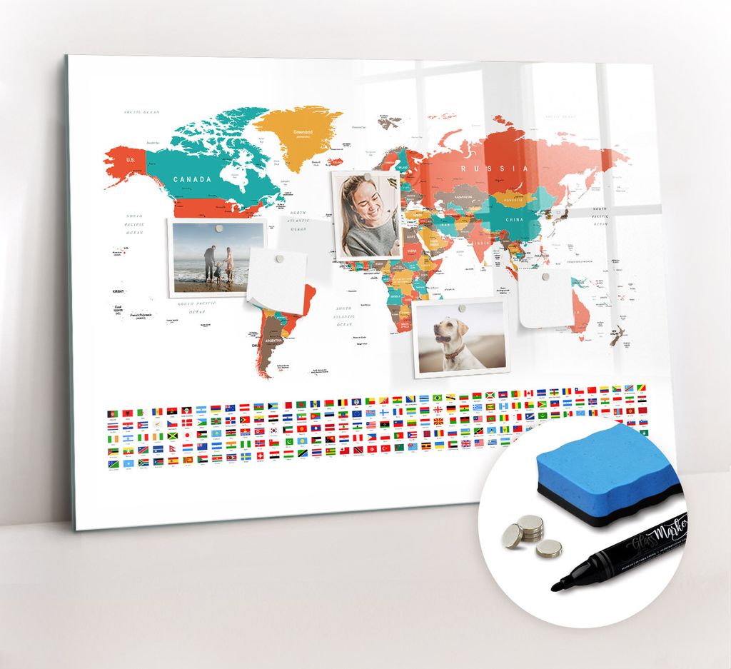 Magnetpinnwand Memoboard - Zubehörsatz - Schwarzer Marker + Schwamm + Magnete - 100 x 70 cm - Bunte Weltkarte