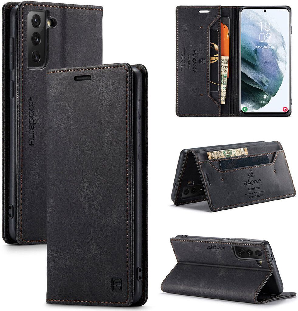 Samsung Galaxy S21 5G Brieftasche Hülle, Retro Kunstledertasche Stand Schutzhülle für Samsung Galaxy S21 5G Schwarz