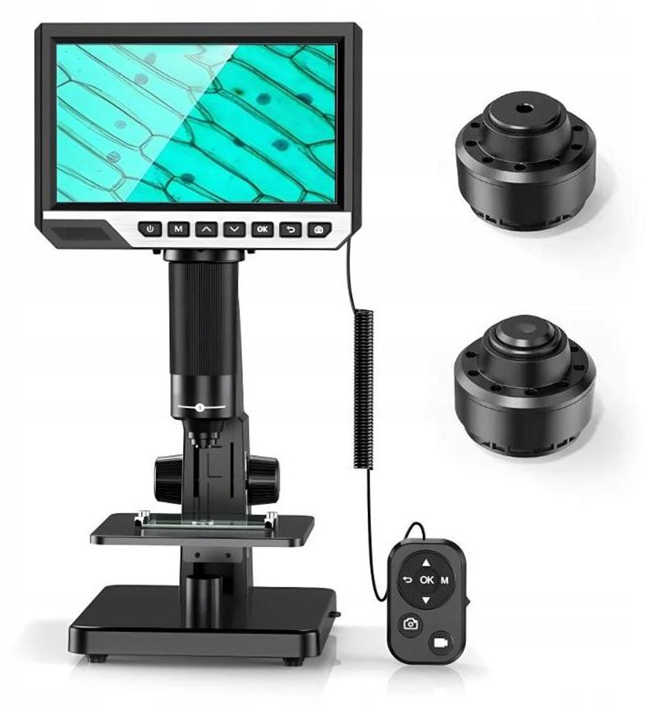 A digital microscope with an LCD screen and accessories is displayed against a white background.
