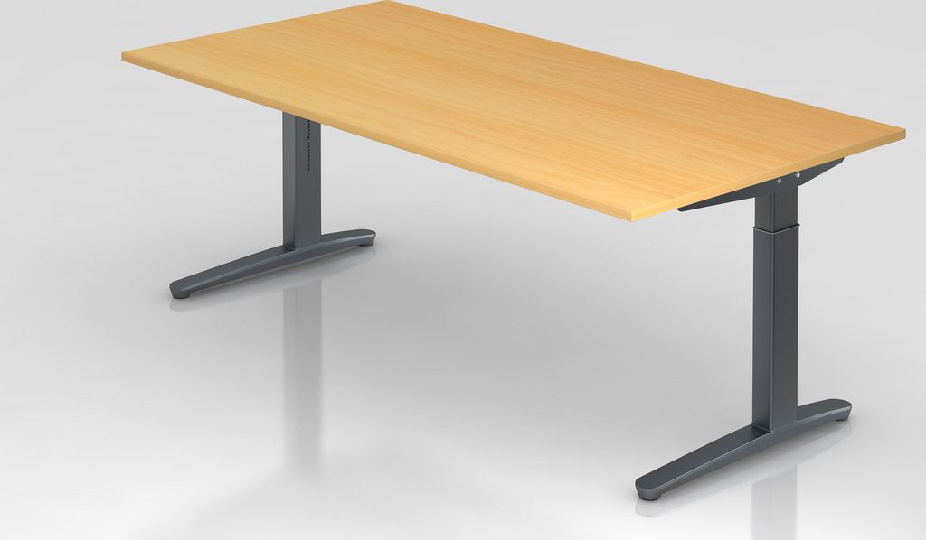 Schreibtisch Mika | Buche | Graues Gestell | BxT 200x100cm | Arbeitshöhe 65-85cm | höhenjustierbar, 1cm Raster | C-Fuß-Gestell | Rechteckform
