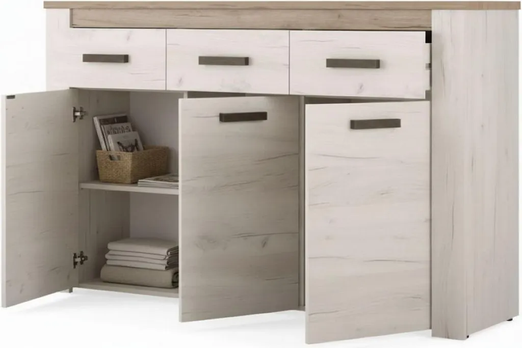 Buffet de salon 160 cm Blanc Larch pour optimiser votre rangement