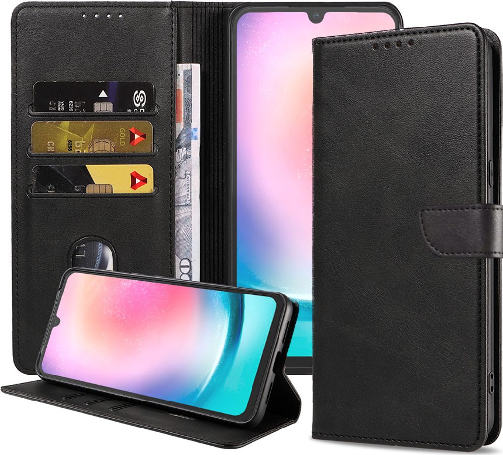Passend für Samsung Galaxy A24 4G Handytasche Kunstleder mit magnetischer Lippe und Kartenhalter Buchhülle mit Klappe - Schwarz - Smartphonics
