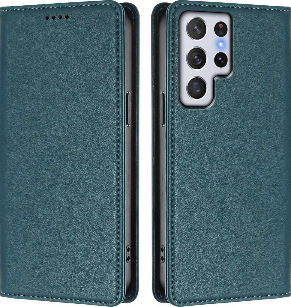 Handyhülle für Samsung Galaxy S22 Ultra 5G, Kunstleder Klapphülle Stoßfeste Magnetische Hülle mit Ständer Grün