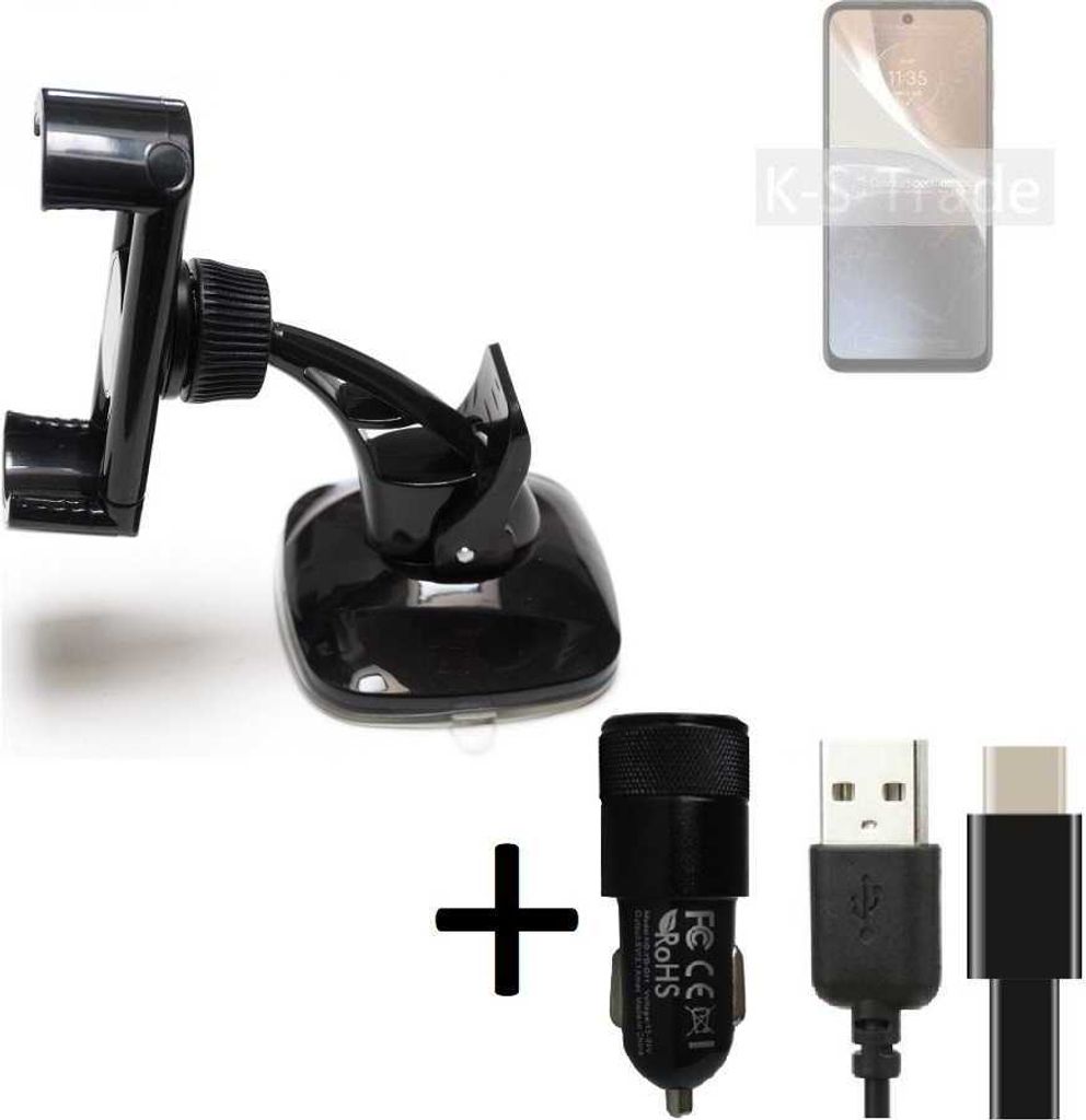 K-S-Trade Handy-Halterung kompatibel mit Motorola Moto G32 Windschutzscheibe / Armaturenbrett + LADEGERÄT mit Mico USB Kabel Autohalterung