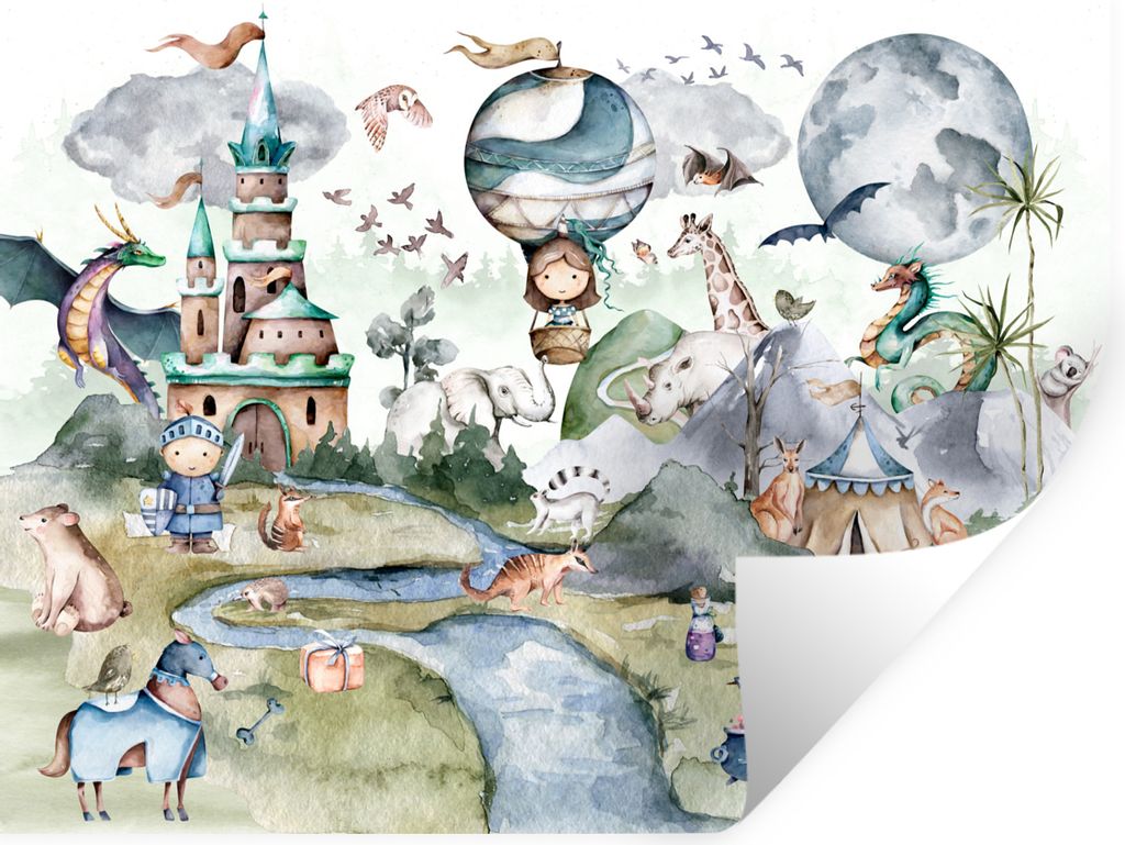 MuchoWow Wandtattoo Wandsticker Wandaufkleber Kinder - Heißluftballon - Drache - Jungen - Burg - Aquarell 160x120 cm Selbstklebend und Repositio...
