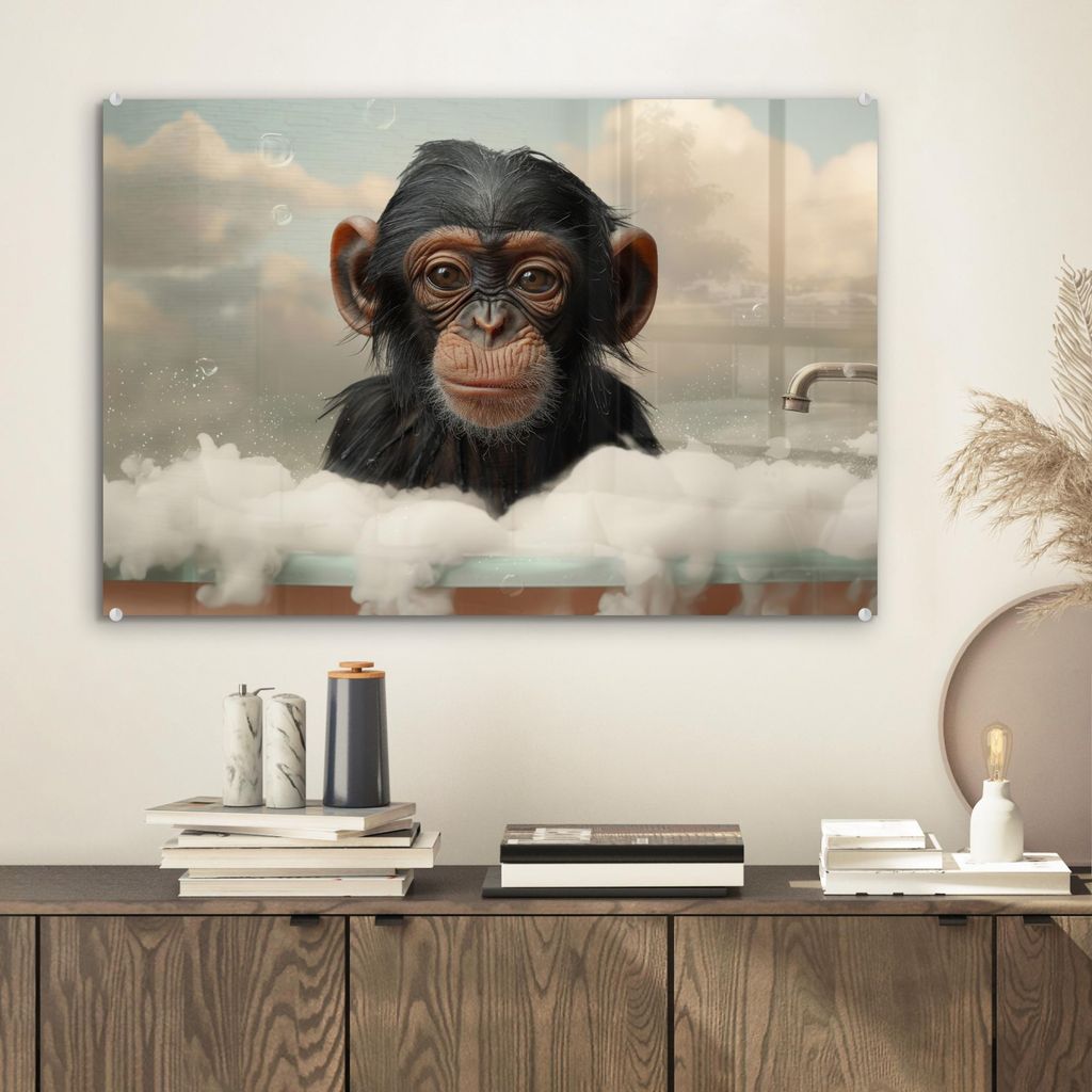 MuchoWow Glasbilder - Bilder auf Wandbild - Foto auf Glas Affe - Tiere - Bad - Schaumstoff 60x40 cm Wanddekoration aus Glas - Acrylglasbild - Acryl...
