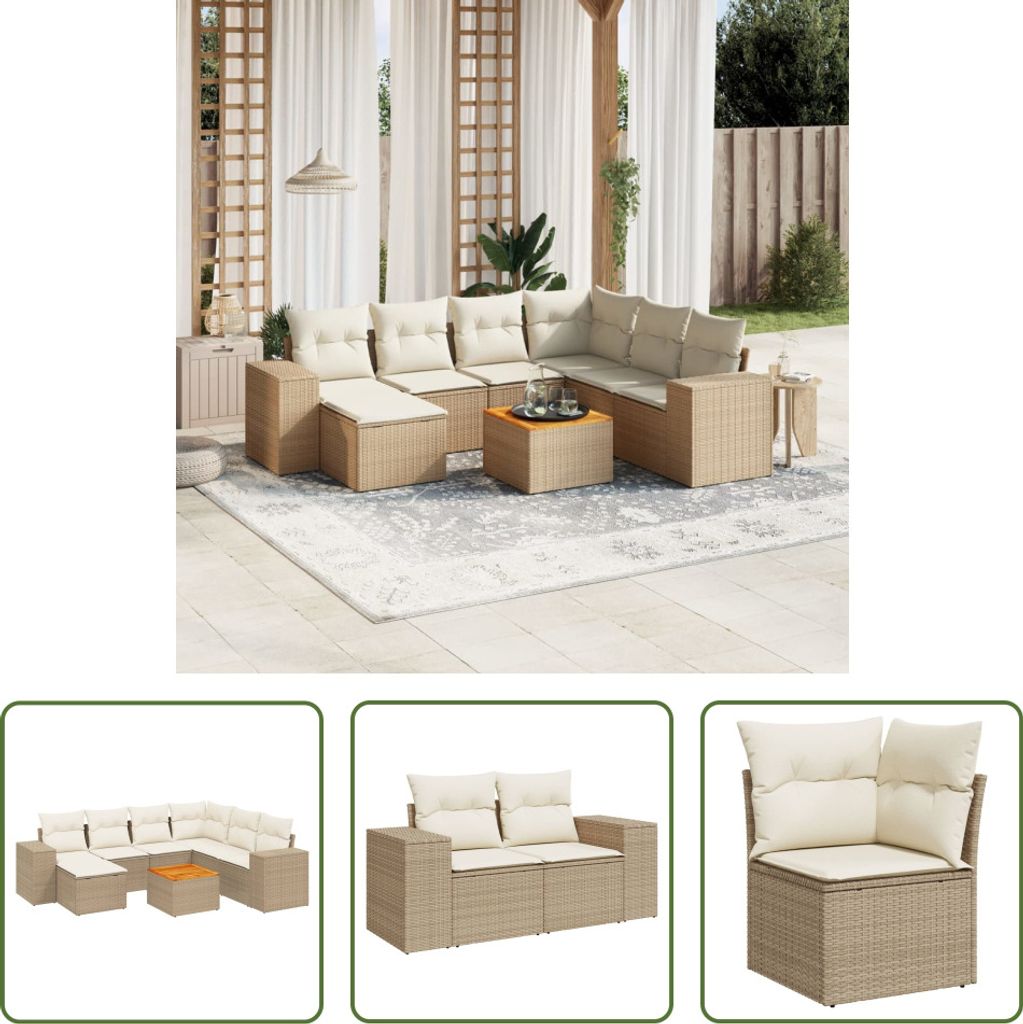 The Living Store 8-tlg. Garten-Sofagarnitur mit Kissen Beige Poly Rattan