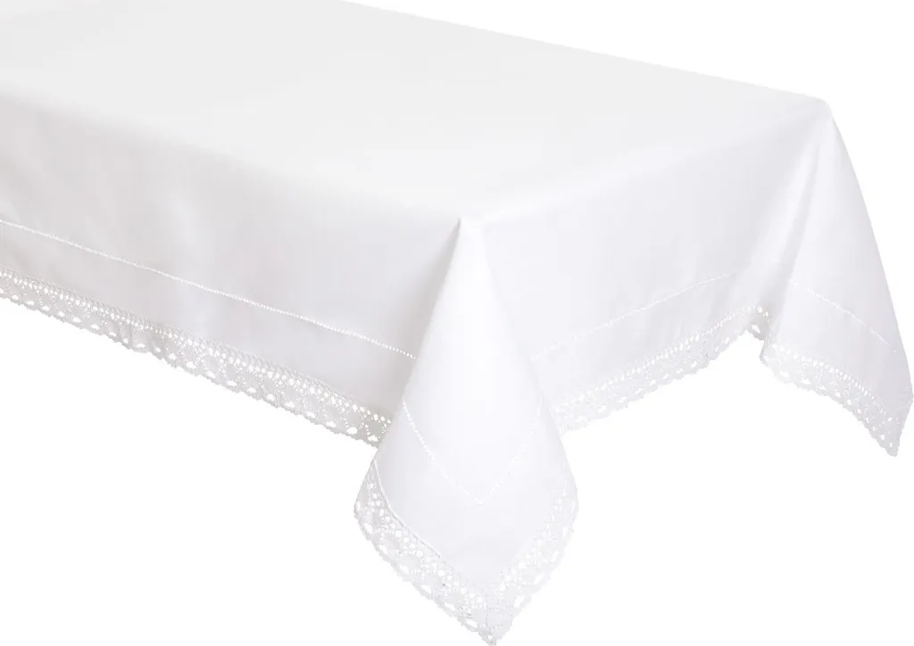 Tovaglia Bianca 140x260 con Orlo a Giorno e Corona | Effetto Lino
