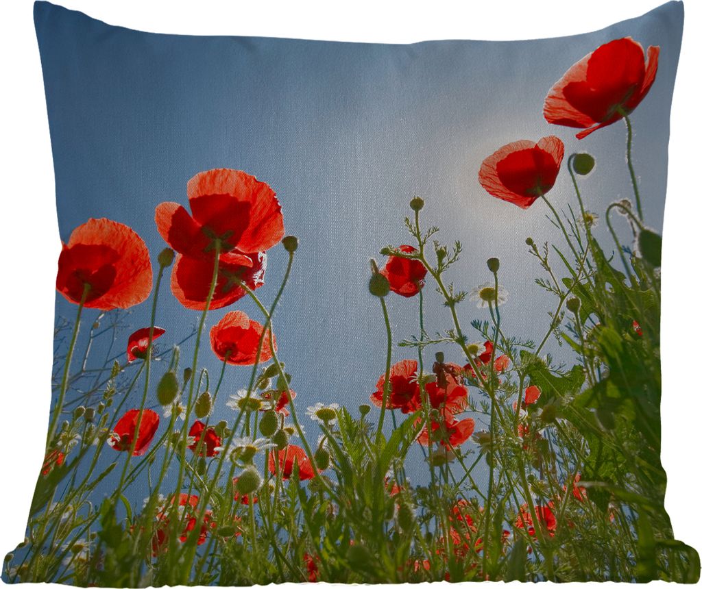 MuchoWow Outdoor Kissen - Strahlende Sonne über einigen Mohnblumen in Spanien - 60x60 cm - Wetterfest - Lounge Kissen - Dekoration - Schlaf Kissen