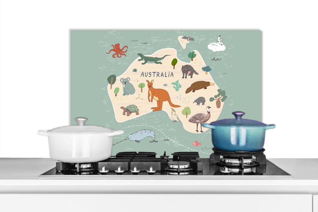 KitchenYeah Spritzschutz Küche - Küchenrückwand - Wandschutz für Herd und Spüle - Tiere - Australien - Weltkarte - Kinder - Blau - Kinder 70...