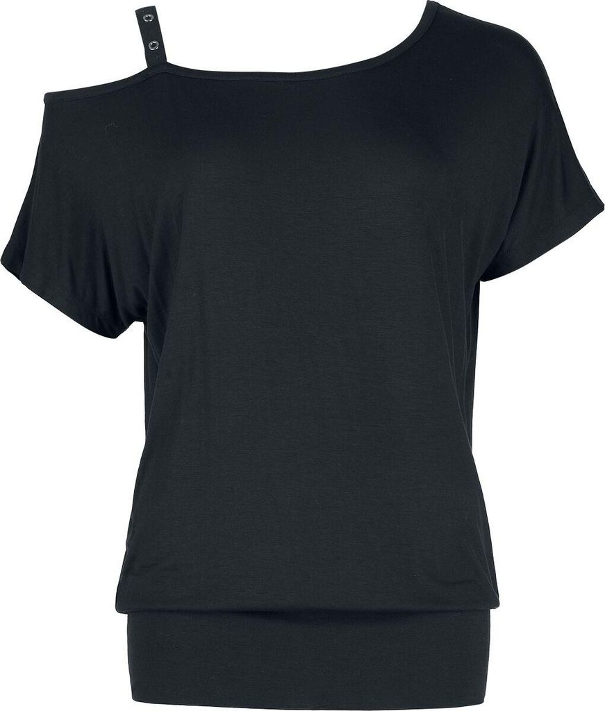 Black Premium by EMP Damen schwarzes T-Shirt mit asymmetrischem Halsausschnitt und Trägerband mit Lochnieten M