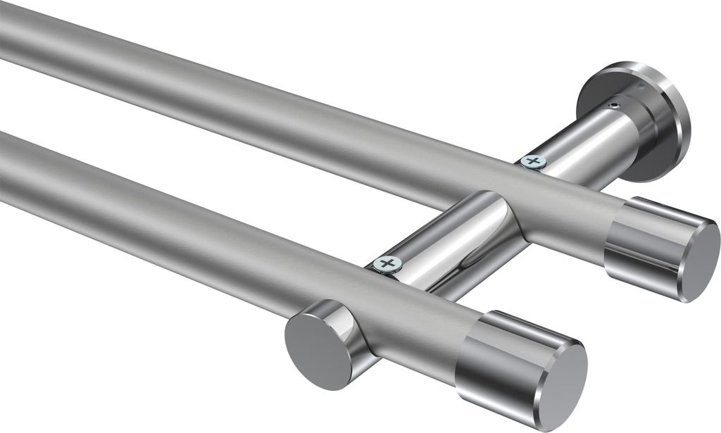 Interdeco Gardinenstange / Vorhangstange Silbergrau / Chrom, Typ Platon Santo (Kappe) ohne Ringe, 20 mm Ø 2-läufig, 240 cm