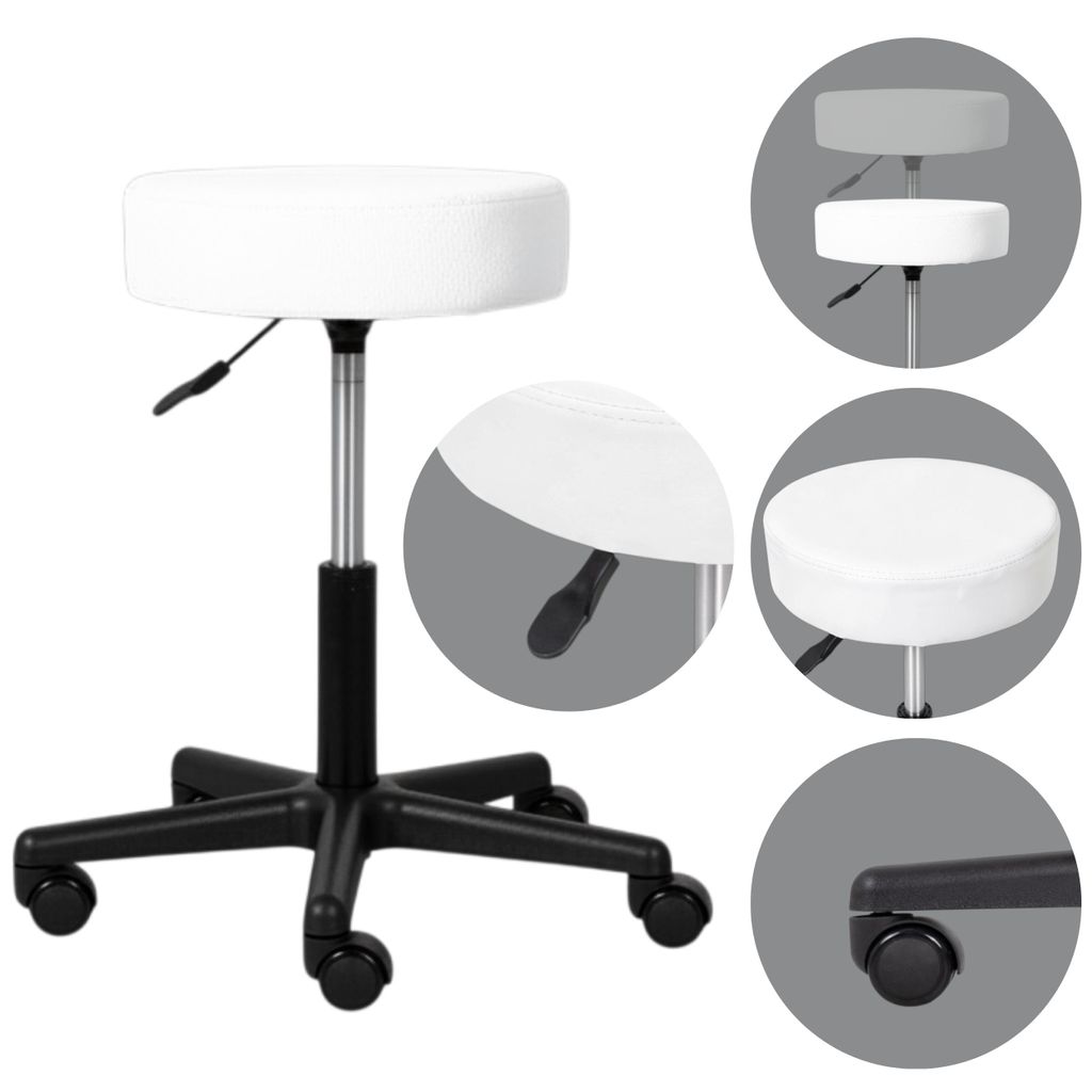 Habys Rollhocker Timo | Höhenverstellbar, Arbeitshocker, Drehstuhl, Drehhocker, Kosmetikhocker, Praxishocker, Bürohocker | Weiß