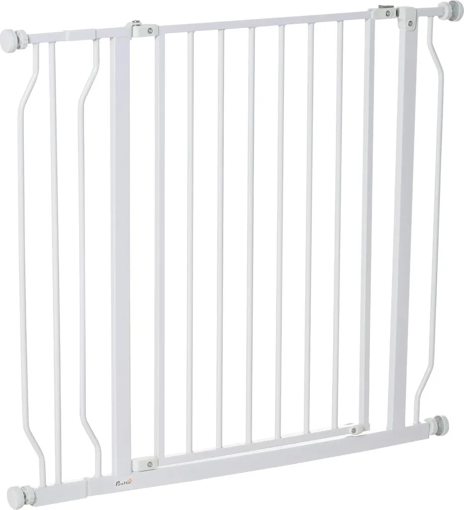 Barrière de sécurité chien en métal blanc 95 cm pour porte et escalier