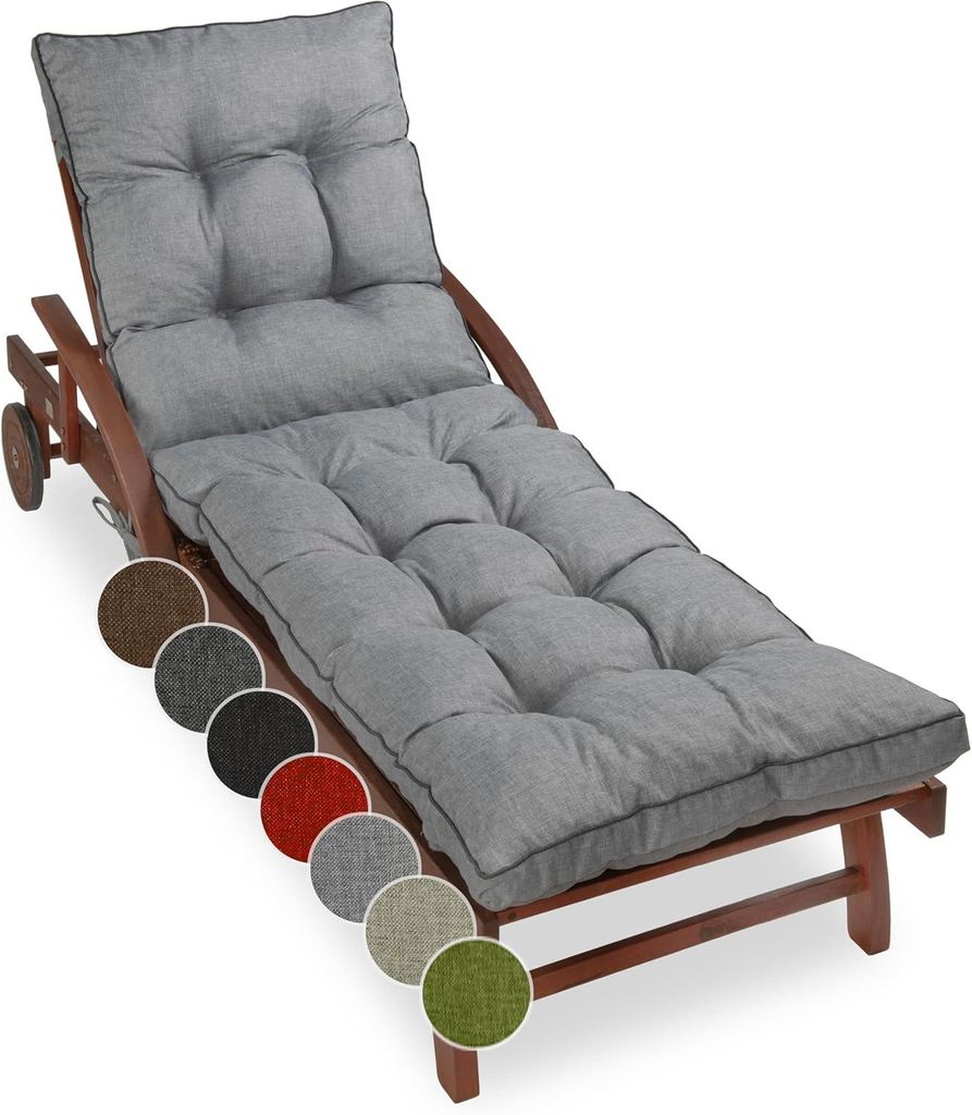A gray cushioned lounge chair with a wooden frame, shown with multiple color swatches.