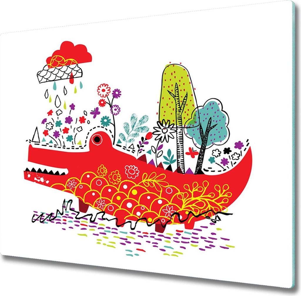 Glas Herdabdeckplatte 60x52 cm Spritzschutz Glasabdeckplatte Schneidebrett Buntes Krokodil