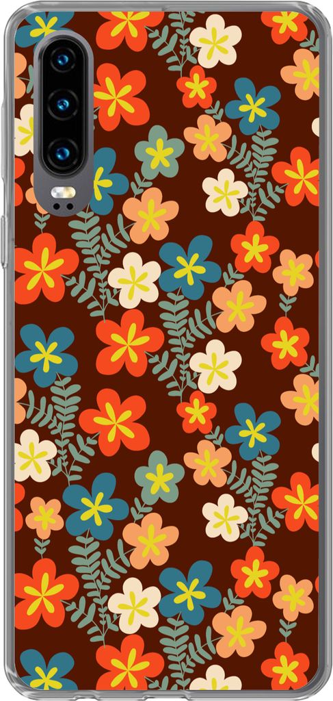 MuchoWow Handyhülle Schutzhülle Hülle für Telefoonhoesje Huawei P30 Retro - Muster - Blumen - 1970er Jahre Silikon Softcase Handy Hülle - Ka...