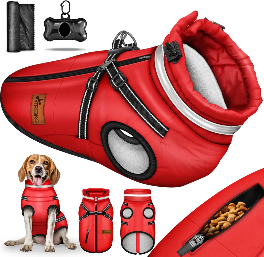 Gilet Hiver Chien XL Rouge avec Harnais Réfléchissant et Sacs Inclus