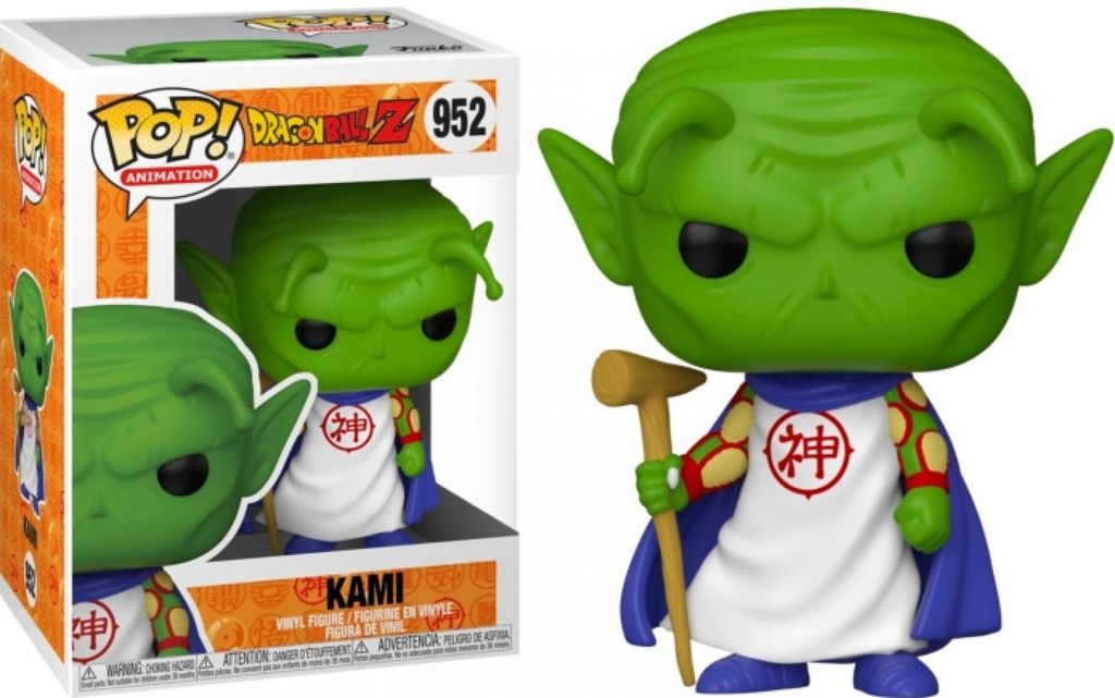 A Funko Pop! vinyl figure of Kami from Dragon Ball Z, shown both in its packaging and displayed outside.