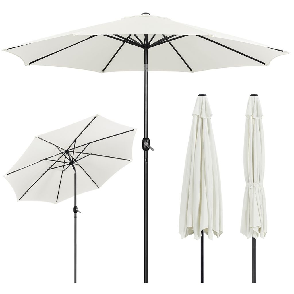 Multiple views of a cream-colored patio umbrella against a white background.