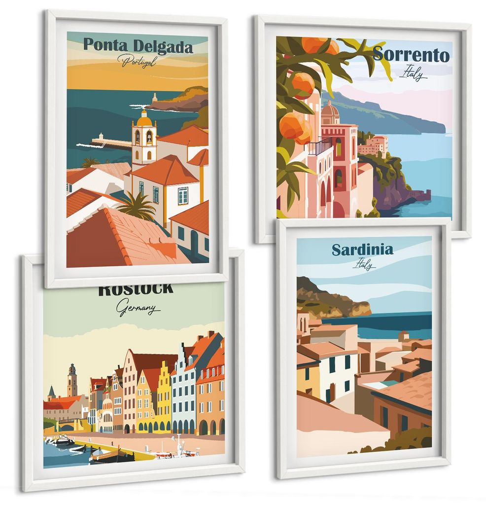 Bilder Set 4-teilig im Goldrahmen Rahmen – Wandbilder 4 Stück – gerahmte Poster für Wohnzimmer, Schlafzimmer und Flur – 50x50 cm - 40x60 cm...