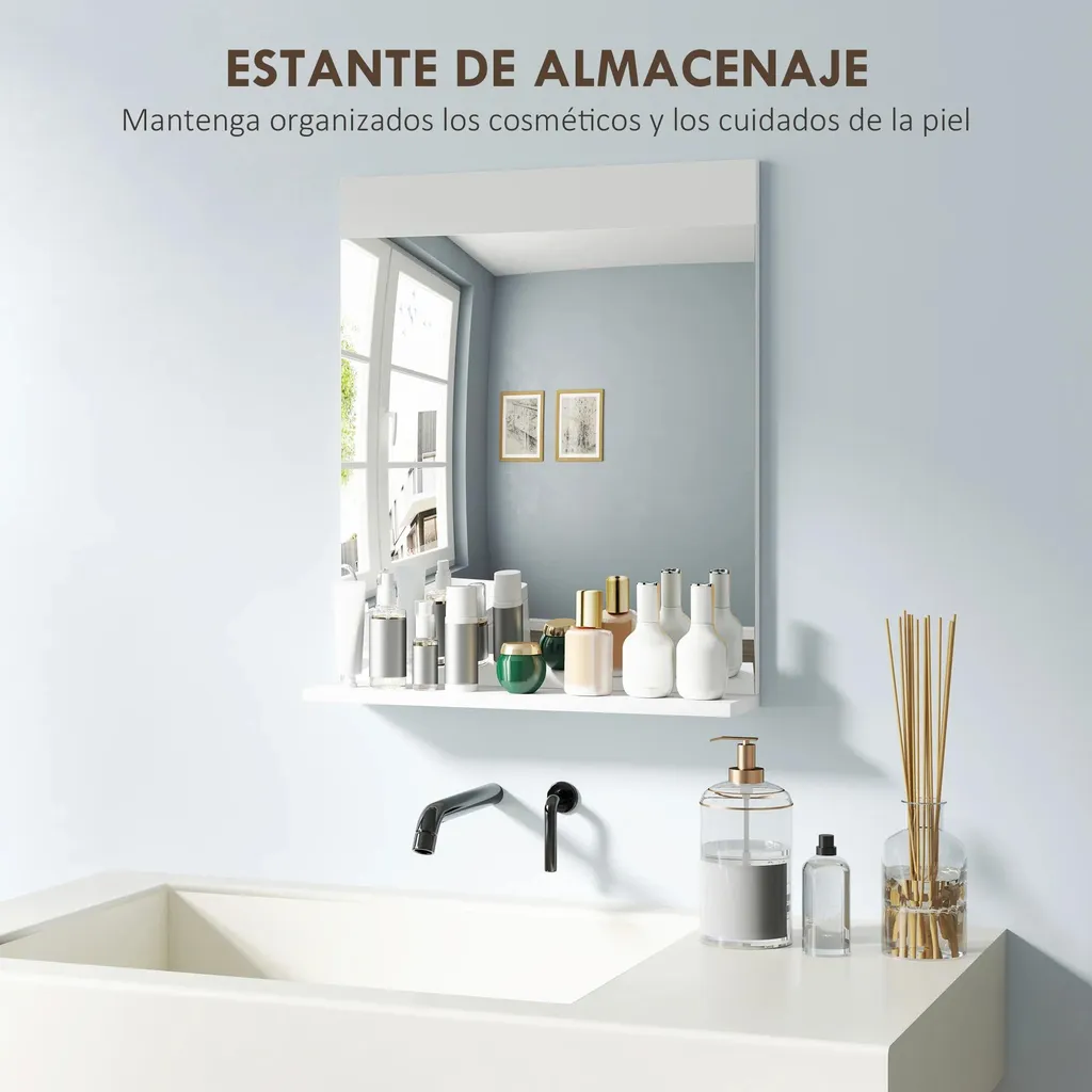 Miroir mural rectangulaire avec étagère 50x12x60 cm blanc style moderne